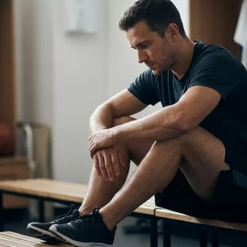 A pensive male athlete in dark training wear sits on a wooden bench in a locker room, leaning forward with his head bowed and gaze downward. He is surrounded by wooden lockers, basketballs, and a duffel bag, conveying a mood of somber contemplation or exhaustion. Professional athletes with bipolar disorder