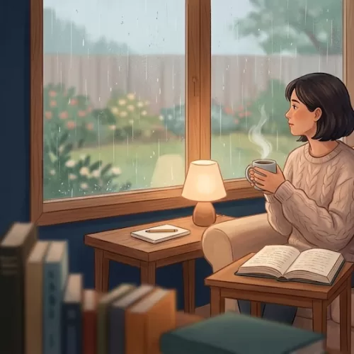 A woman reading by a window during a rainy day, reflecting the calm environment discussed in these bipolar research updates