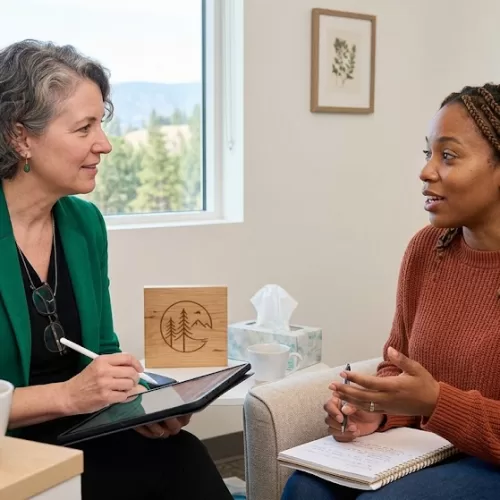 An expressive, medium shot of a supportive consultation between a female psychiatrist and a young woman, illustrating the concept of building a strong partnership with your psychiatrist. The psychiatrist, a middle-aged woman with salt-and-pepper hair and a green blazer, listens intently while holding a tablet. The patient, a Black woman with long braids and a warm orange sweater, speaks openly while holding a notebook and pen to track her progress. They are seated in a bright, modern office with a large window overlooking the scenic hills and water of the Okanagan Valley, emphasizing a collaborative and person-centered approach to mental health care
