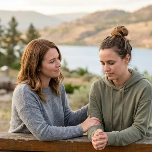 Two women sit together on a wooden park bench overlooking a scenic lake and hills. One woman places a comforting, empathetic hand on her friend's arm as she looks down thoughtfully, illustrating how to support a friend with bipolar disorder through quiet, compassionate presence