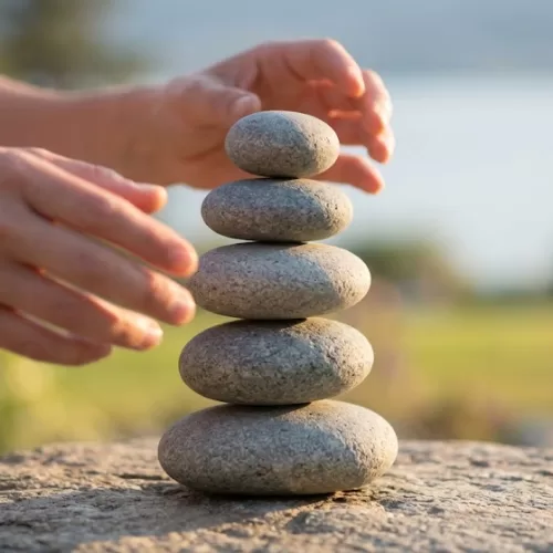 Close-up of hands gently stacking smooth river stones into a perfectly balanced pile outdoors. This peaceful imagery of finding balance and building a strong foundation represents the journey toward stability in a bipolar diagnosis story