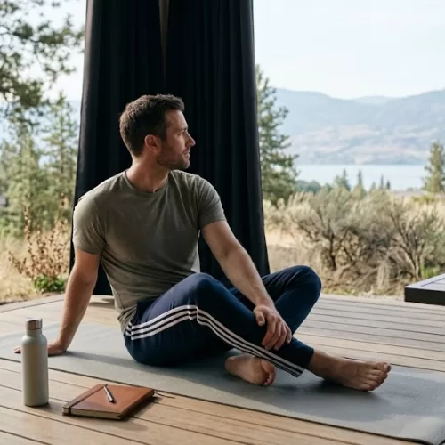 A man practicing mindfulness on an outdoor deck in the Okanagan, integrating essential lifestyle tips for managing bipolar disorder, such as regular exercise, a consistent routine, and outdoor relaxation, alongside his daily wellness habits.