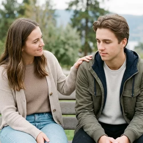 A young woman offering compassionate sibling support for bipolar disorder by placing a comforting hand on her brother's shoulder as they sit together on a park bench in the Okanagan.